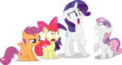 Size: 4278x2298 | Tagged: safe, artist:porygon2z, artist:spencethenewbie, artist:synthrid, artist:tomfraggle, edit, editor:slayerbvc, vector edit, apple bloom, rarity, scootaloo, sweetie belle, earth pony, pegasus, pony, unicorn, g4, apple bloom's bow, bow, cutie mark, cutie mark crusaders, female, filly, floppy horn, hair bow, horn, looking up, mare, scared, shocked, sisters, the cmc's cutie marks, vector, wide eyes
