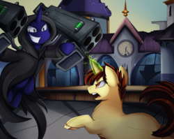 Size: 2950x2350 | Tagged: safe, artist:pridark, oc, oc only, oc:equinicus, oc:ethereal divide, pony, unicorn, canterlot, clock, clothes, cloven hooves, commission, gun, high res, magic, open mouth, rocket launcher, train station, weapon