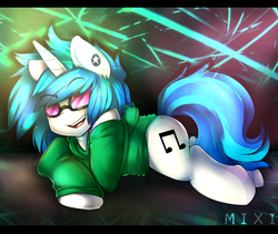 Size: 3560x3000 | Tagged: safe, artist:mixipony, dj pon-3, vinyl scratch, pony, unicorn, g4, clothes, cutie mark, ear piercing, female, high res, hoodie, lying down, open mouth, piercing, solo, sunglasses