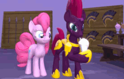 Size: 465x300 | Tagged: safe, artist:pika-robo, fizzlepop berrytwist, pinkie pie, tempest shadow, pony, unicorn, g4, my little pony: the movie, 3d, animated, armor, bad pony, bitch slap, broken horn, cutie mark, drink, drinking, female, gif, helmet, horn, mare, milkshake, nope, perfect loop, personal space invasion, rejected, royal guard, source filmmaker, spear, tempest becomes a royal guard, tempest shadow is not amused, tempest's cutie mark, thwap, unamused, weapon, wide eyes