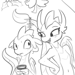 Size: 1280x1280 | Tagged: safe, artist:tjpones, smolder, spike, dragon, g4, belly button, dragoness, female, male, mistletoe, monochrome, older, older smolder, older spike, ship:spolder, shipping, sketch, smiling, straight, teenage spike, teenaged dragon, teenager
