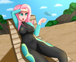 Size: 1280x1047 | Tagged: safe, artist:focusb, fluttershy, bird, human, equestria girls, g4, breasts, chair, clothes, equestria girls outfit, explicit source, female, fluttershy's wetsuit, humanized, open mouth, sitting, solo, wetsuit