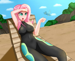 Size: 1280x1047 | Tagged: safe, alternate version, artist:focusb, fluttershy, bird, human, equestria girls, g4, armpits, breasts, chair, clothes, equestria girls outfit, explicit source, female, fluttershy's wetsuit, humanized, open mouth, sitting, solo, wetsuit