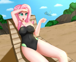 Size: 1280x1047 | Tagged: safe, alternate version, artist:focusb, fluttershy, bird, human, equestria girls, g4, armpits, breasts, chair, clothes, explicit source, female, fluttershy's one-piece swimsuit, humanized, one-piece swimsuit, open mouth, sitting, solo, swimsuit