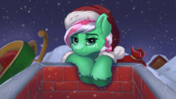 Size: 1600x900 | Tagged: safe, artist:kittytitikitty, oc, oc only, oc:pepper, pony, christmas, clothes, commission, costume, digital art, female, freckles, holiday, looking at you, mare, santa costume, smiling, snow, solo, winter, ych result