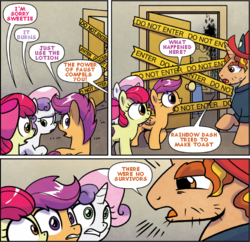 Size: 511x494 | Tagged: safe, artist:agnesgarbowska, edit, idw, official comic, apple bloom, fire streak (idw), scootaloo, sweetie belle, earth pony, pegasus, pony, unicorn, g4, bow, comic, cutie mark, cutie mark crusaders, female, filly, gritted teeth, hair bow, hooves, horn, male, stallion, text edit, wings