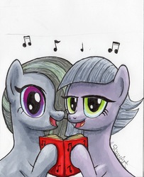 Size: 3199x3932 | Tagged: safe, artist:stewart501st, limestone pie, marble pie, earth pony, pony, g4, book, caroling, female, high res, mare, music notes, singing, sisters, smiling, traditional art