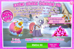 Size: 1036x688 | Tagged: safe, gameloft, rockhoof, sun cross, earth pony, pony, g4, advertisement, christmas, costs real money, female, gem, hearth's warming eve, holiday, introduction card, male, mare, mighty helm, sale, stallion