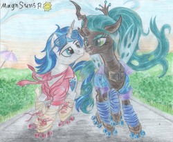 Size: 2963x2441 | Tagged: safe, artist:magnifsunspiration, queen chrysalis, shining armor, changeling, pony, unicorn, g4, 1980's, 80s, alternate universe, clothes, female, high res, male, roller skates, ship:shining chrysalis, shipping, straight, traditional art