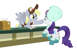 Size: 4640x3000 | Tagged: safe, artist:sollace, derpy hooves, rarity, pegasus, pony, unicorn, best gift ever, g4, .svg available, bell, boop, boots, clothes, desk, female, mare, noseboop, parcel, scrunchy face, shoes, show accurate, simple background, smiling, surprised, transparent background, vector, winter outfit