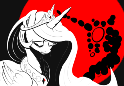 Size: 2613x1812 | Tagged: safe, artist:xbi, princess celestia, alicorn, pony, g4, crying, eyes closed, limited palette, lineless, looking down, mare in the moon, monochrome, moon, neo noir, partial color