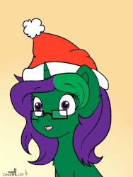 Size: 600x800 | Tagged: safe, artist:zobaloba, oc, oc only, oc:buggy code, pony, unicorn, animated, blush sticker, blushing, christmas, female, flat colors, frame by frame, gif, glasses, hat, holiday, mare, signature, simple background, solo, ych result