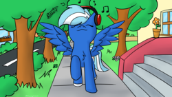 Size: 1920x1080 | Tagged: safe, artist:exobass, oc, oc only, oc:exobass, pegasus, pony, female, flower, flower pot, happy, headphones, music, music notes, solo, stairs, street, tree, wings