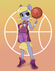 Size: 1665x2146 | Tagged: safe, artist:kittytitikitty, oc, oc only, oc:chiyo, earth pony, kirin, pony, equestria girls, g4, basketball, clothes, crossover, darius, equestria girls-ified, female, freckles, gradient background, league of legends, looking at you, not derpy, ponied up, shorts, solo, sports