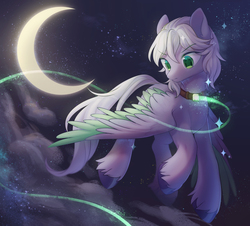 Size: 2100x1900 | Tagged: safe, artist:leafywind, oc, oc only, pegasus, pony, cloud, collar, colored hooves, colored pupils, colored wings, colored wingtips, ear fluff, flying, male, moon, night, night sky, sky, solo, spread wings, stallion, starry eyes, stars, unshorn fetlocks, wingding eyes, wings