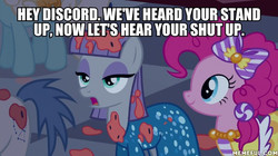 Size: 600x337 | Tagged: safe, edit, edited screencap, screencap, maud pie, orion, pinkie pie, serena, shooting star (character), earth pony, pony, g4, make new friends but keep discord, season 5, caption, female, image macro, joke, male, mare, maud burns, maud the comedian, memeful.com, moe syzlak, stand-up comedy, text, the simpsons