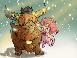 Size: 2224x1668 | Tagged: safe, artist:drawingjules, pinkie pie, prince rutherford, earth pony, pony, yak, g4, cute, female, interspecies, male, mare, ship:pinkieford, shipping, snow, straight, winter