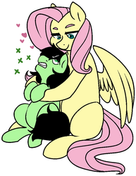 Size: 709x920 | Tagged: safe, artist:/d/non, fluttershy, oc, oc:filly anon, pony, g4, angry, female, filly, floating heart, heart, hug, simple background, white background