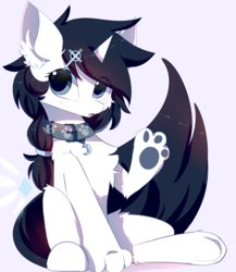 Size: 1300x1500 | Tagged: safe, artist:heddopen, oc, oc only, oc:yuna hala, pony, unicorn, chest fluff, collar, ear fluff, fangs, hairpin, paw pads, paws, solo, underpaw