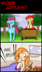 Size: 1000x1700 | Tagged: safe, artist:zouyugi, bright mac, cup cake, pear butter, g4, apple, chiffon swirl, comic, cute, food, implied apple bloom, implied applejack, more apples, pearabetes, pregnancy cravings, pregnant, that pony sure does love apples, tree, unborn talking, window