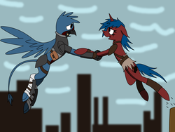 Size: 2560x1920 | Tagged: safe, artist:derpanater, oc, griffon, pony, unicorn, fallout equestria, armor, building, clothes, digital art, female, flying, jumping, looking at each other, love, male, oc x oc, raider, shipping, simple background, straight
