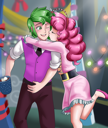 Size: 1738x2048 | Tagged: safe, artist:thebrokencog, pinkie pie, spike, human, g4, my little pony best gift ever, cheek kiss, clothes, commission, cup, cute, duo, female, hearth's warming, holly, holly mistaken for mistletoe, hot chocolate, humanized, kissing, male, mistleholly, one eye closed, open mouth, pants, raised leg, ship:pinkiespike, shipping, straight, twilight's castle, whipped cream