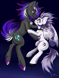Size: 3000x4000 | Tagged: safe, artist:athenawhite, oc, oc only, oc:moonlit mourning, oc:nexus, pegasus, pony, unicorn, commission, evening, female, flying, high res, leg fluff, looking at each other, male, mare, shipping, signature, spread wings, stallion, straight, wings, ych result
