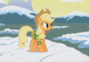 Size: 175x122 | Tagged: safe, screencap, applejack, pony, g4, season 1, winter wrap up, animated, clothes, female, gif, gif for breezies, picture for breezies, snow, solo, waving