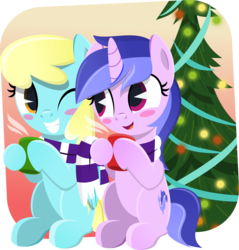 Size: 5651x5913 | Tagged: safe, artist:jhayarr23, sassaflash, sea swirl, seafoam, pony, g4, absurd resolution, blushing, chocolate, christmas, christmas lights, christmas tree, clothes, commission, cute, female, food, holiday, hot chocolate, lesbian, one eye closed, sassaswirl, scarf, shared clothing, shared scarf, shipping, smiling, tree, wink, ych result