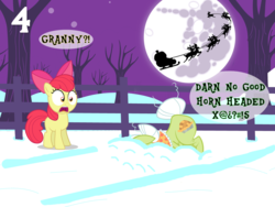 Size: 1024x768 | Tagged: safe, artist:bronybyexception, apple bloom, granny smith, deer, earth pony, pony, reindeer, g4, advent calendar, bare tree, bow, censored vulgarity, elmo & patsy, exclamation point, female, fence, filly, foal, full moon, grandma got run over by a reindeer, grandmother and granddaughter, grawlixes, hair bow, interrobang, mare, mare in the moon, moon, out of character, question mark, racism, run over by a reindeer, santa claus, sleigh, snow, song reference, swearing, sweet apple acres, tree, winter