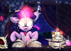 Size: 1146x829 | Tagged: safe, artist:ponycide, twilight sparkle, pony, g4, book, candle, female, glowing eyes, glowing horn, horn, magic, mare, skull, solo