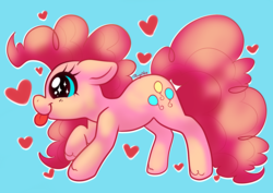 Size: 1280x907 | Tagged: safe, artist:ponycide, pinkie pie, earth pony, pony, g4, :p, blue background, female, heart, mare, mlem, ponk, silly, simple background, solo, tongue out