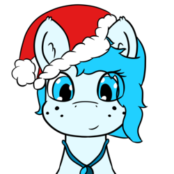 Size: 2160x2160 | Tagged: safe, artist:strella_, oc, oc only, oc:starmoon snowflake, alicorn, pony, alicorn oc, amulet, blue eyes, blue mane, christmas, female, freckles, hat, high res, holiday, jewelry, looking at you, mare, santa hat, simple background, solo, transparent background
