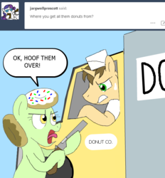 Size: 605x651 | Tagged: safe, artist:askdonutstoles, donut joe, oc, oc:donut stoles, earth pony, pony, unicorn, tumblr:ask donut stoles, g4, ask, dialogue, duo, female, gun, male, mare, open mouth, robbery, scared, shotgun, stallion, sweat, sweatdrop, tongue out, truck, tumblr, weapon, yelling