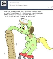 Size: 621x690 | Tagged: safe, artist:askdonutstoles, oc, oc only, oc:donut stoles, earth pony, pony, tumblr:ask donut stoles, ask, bipedal, dialogue, donut, female, food, mare, open mouth, simple background, solo, stacking, step stool, tumblr, white background