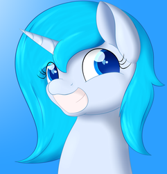 Size: 941x977 | Tagged: safe, artist:hartenas, oc, oc only, oc:crescendo, pony, unicorn, blue background, bust, female, gradient background, looking at you, mare, simple background, smiling, solo