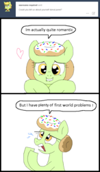 Size: 655x1123 | Tagged: safe, artist:askdonutstoles, oc, oc only, oc:donut stoles, earth pony, pony, tumblr:ask donut stoles, 2 panel comic, ask, comic, crying, dialogue, female, first world problems, floating heart, heart, lip bite, looking at you, mare, open mouth, simple background, smiling, solo, tumblr, white background