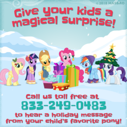 Size: 1080x1080 | Tagged: safe, applejack, fluttershy, pinkie pie, rainbow dash, rarity, twilight sparkle, alicorn, pony, best gift ever, g4, official, advertisement, best gift ever phone line, clothes, gift wrapped, hat, mane six, phone number, present, scarf, snow, socks, text, twilight sparkle (alicorn), winter outfit
