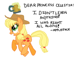 Size: 770x600 | Tagged: safe, artist:nightshadowmlp, applejack, pony, g4, the super speedy cider squeezy 6000, applejack's hat, cider, cowboy hat, dear princess celestia, froth, hat, i didn't learn anything, ms paint, running, scene interpretation, silly, silly pony, simple background, smiling, stetson, tankard, text, white background
