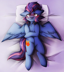 Size: 1280x1456 | Tagged: safe, artist:oddends, oc, oc only, oc:lost, pegasus, pony, bed, holding leg, on bed, solo