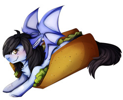 Size: 1280x1033 | Tagged: safe, artist:oddends, oc, oc only, oc:mitzy, bat pony, pony, bat pony oc, bed, food, on bed, solo