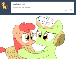 Size: 648x506 | Tagged: safe, artist:askdonutstoles, oc, oc only, oc:donut stoles, oc:wafflecakes, earth pony, pony, tumblr:ask donut stoles, ask, blushing, duo, female, food, kissy face, looking at each other, mare, simple background, smiling, tumblr, waffle, white background