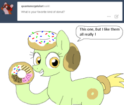 Size: 637x540 | Tagged: safe, artist:askdonutstoles, oc, oc only, oc:donut stoles, earth pony, pony, tumblr:ask donut stoles, ask, dialogue, donut, female, food, hoof hold, looking at you, mare, open mouth, simple background, smiling, solo, tumblr, white background