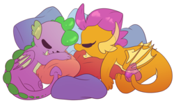 Size: 7016x4173 | Tagged: safe, artist:cutepencilcase, smolder, spike, dragon, g4, absurd resolution, baby, baby dragon, commission, cute, dragoness, drool, duo, eyes closed, female, folded wings, male, pillow, scales, simple background, sleeping, smolderbetes, spikabetes, transparent background, winged spike, wings