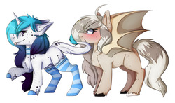 Size: 1280x753 | Tagged: safe, artist:oddends, oc, pony, blushing, clothes, duo, socks, standing, striped socks, tail, tongue out