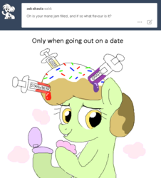 Size: 641x710 | Tagged: safe, artist:askdonutstoles, oc, oc only, oc:donut stoles, earth pony, pony, tumblr:ask donut stoles, ask, dialogue, female, food, hoof hold, jam, jelly doughnut, mare, mirror, powder puff, simple background, smiling, solo, syringe, tumblr, white background