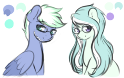 Size: 1024x643 | Tagged: safe, artist:fluffymaiden, oc, oc only, earth pony, pegasus, pony, female, glasses, male, mare, sitting, stallion