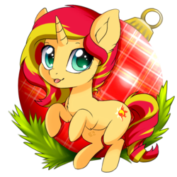 Size: 688x688 | Tagged: safe, artist:tokokami, sunset shimmer, pony, unicorn, g4, bauble, christmas, christmas ornament, cute, daaaaaaaaaaaw, decoration, female, hnnng, holiday, mare, rearing, shimmerbetes, simple background, solo, transparent background