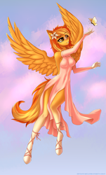 Size: 2040x3374 | Tagged: safe, artist:anxiety-chan, oc, oc only, oc:serenity, butterfly, pegasus, anthro, unguligrade anthro, anthro oc, blue background, clothes, coat markings, commission, digital art, dress, eye clipping through hair, female, flower, flower in hair, flying, hair over one eye, high res, mare, signature, simple background, smiling, socks (coat markings), solo, spread wings, wings, ych result