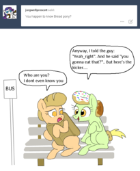 Size: 651x793 | Tagged: safe, artist:askdonutstoles, oc, oc only, oc:bread pony, oc:donut stoles, bread pony, earth pony, pony, tumblr:ask donut stoles, ask, bench, bus stop, confused, dialogue, female, looking at each other, mare, open mouth, sign, simple background, sitting, smiling, tumblr, white background